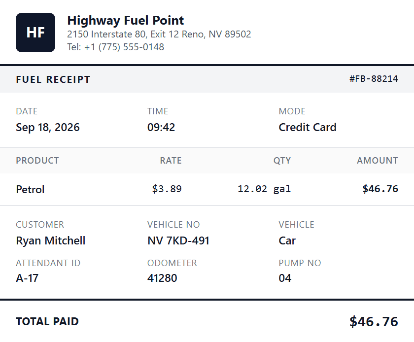 Fuel receipt created with the fuel bill generator, showing litres, rate and amount paid