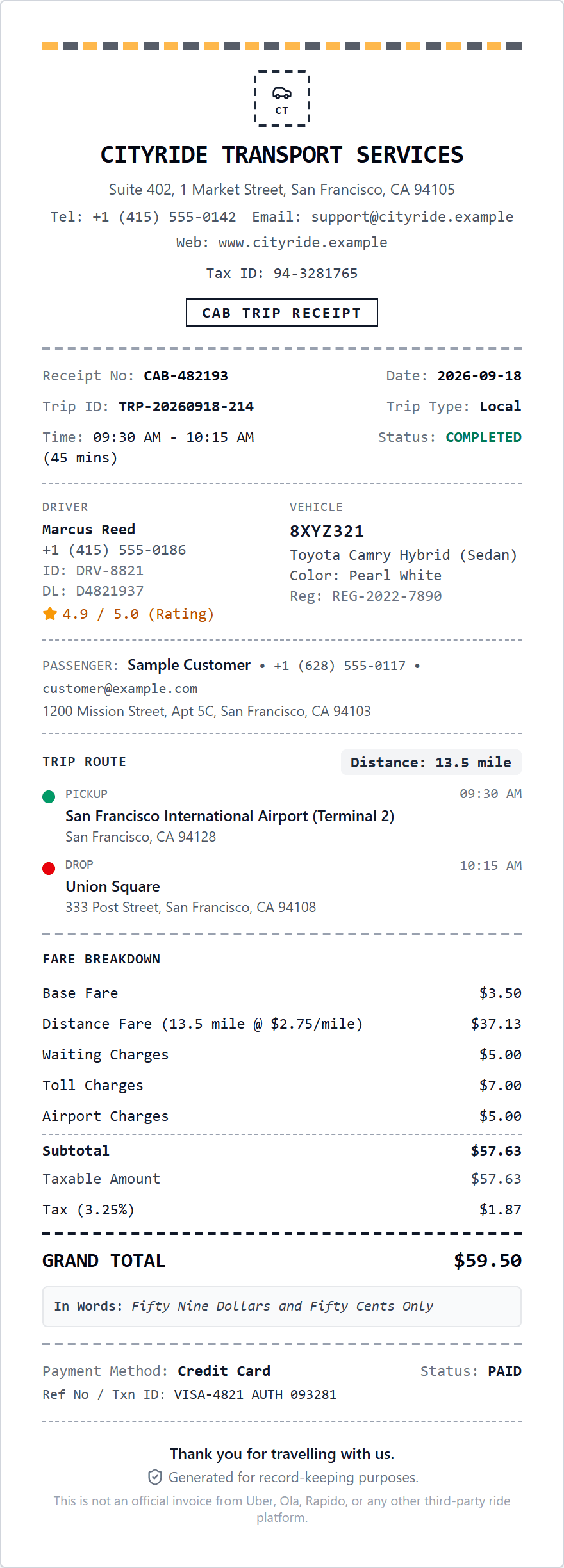 Taxi receipt created with the taxi bill generator, showing the trip, driver and vehicle details